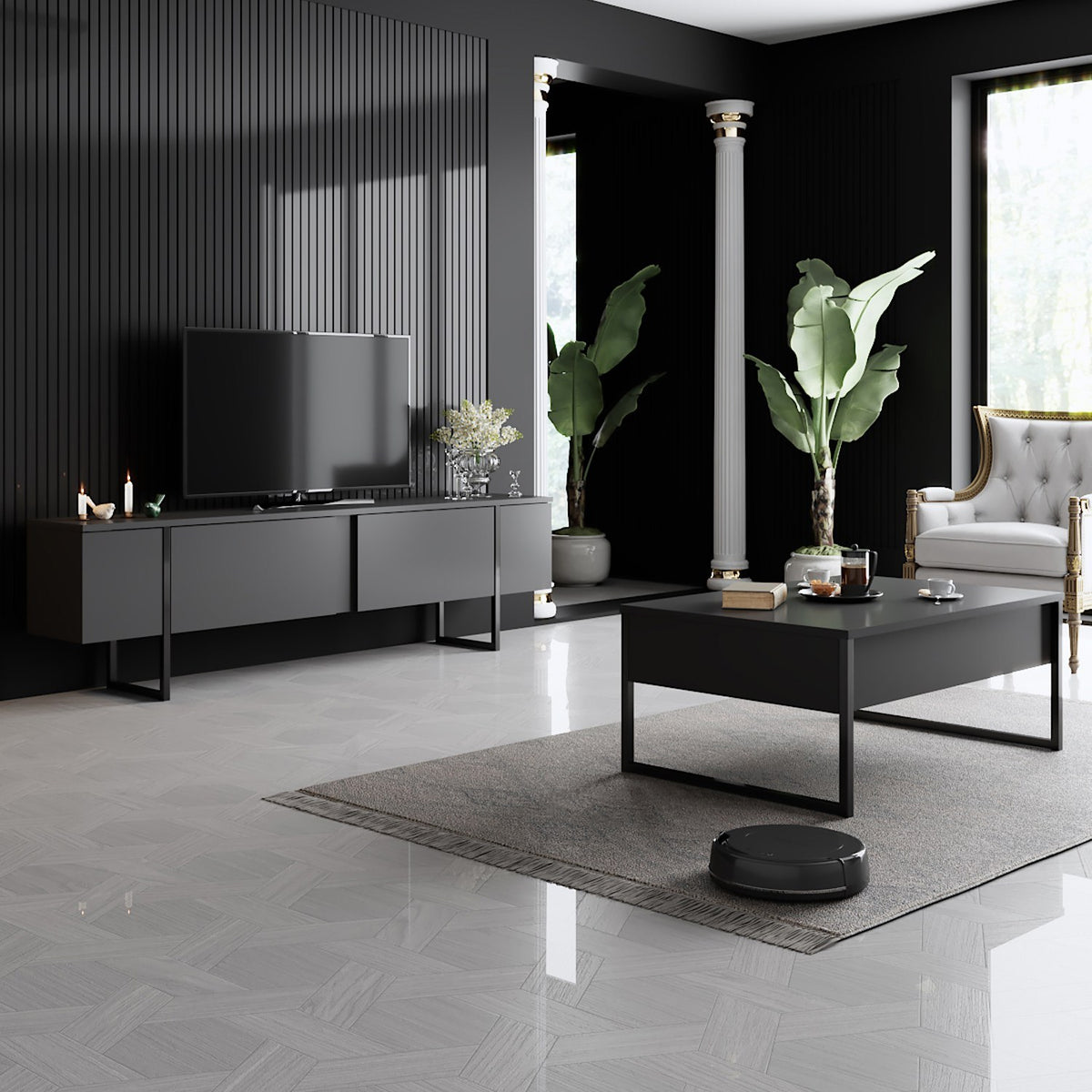 Furniture Sets - Furniture Set Anthracite Luxury - Coffee Table + TV Furniture - Black Frame - Dimehouse