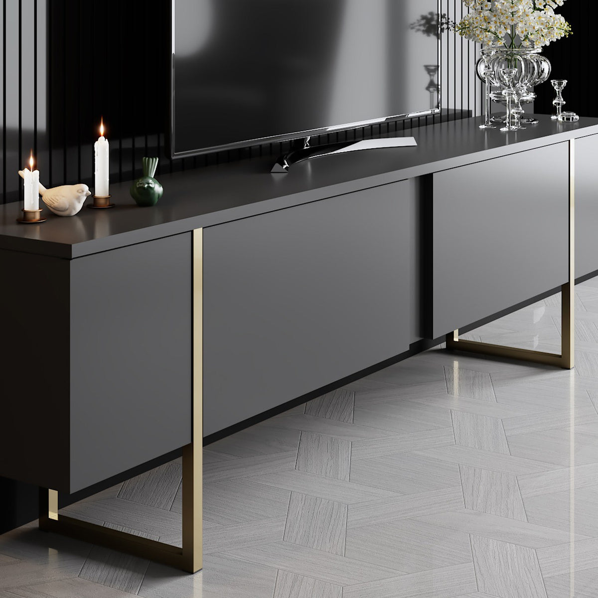 Furniture Sets - Furniture Set Anthracite Luxury - Coffee Table + TV Furniture - Golden Frame - Dimehouse