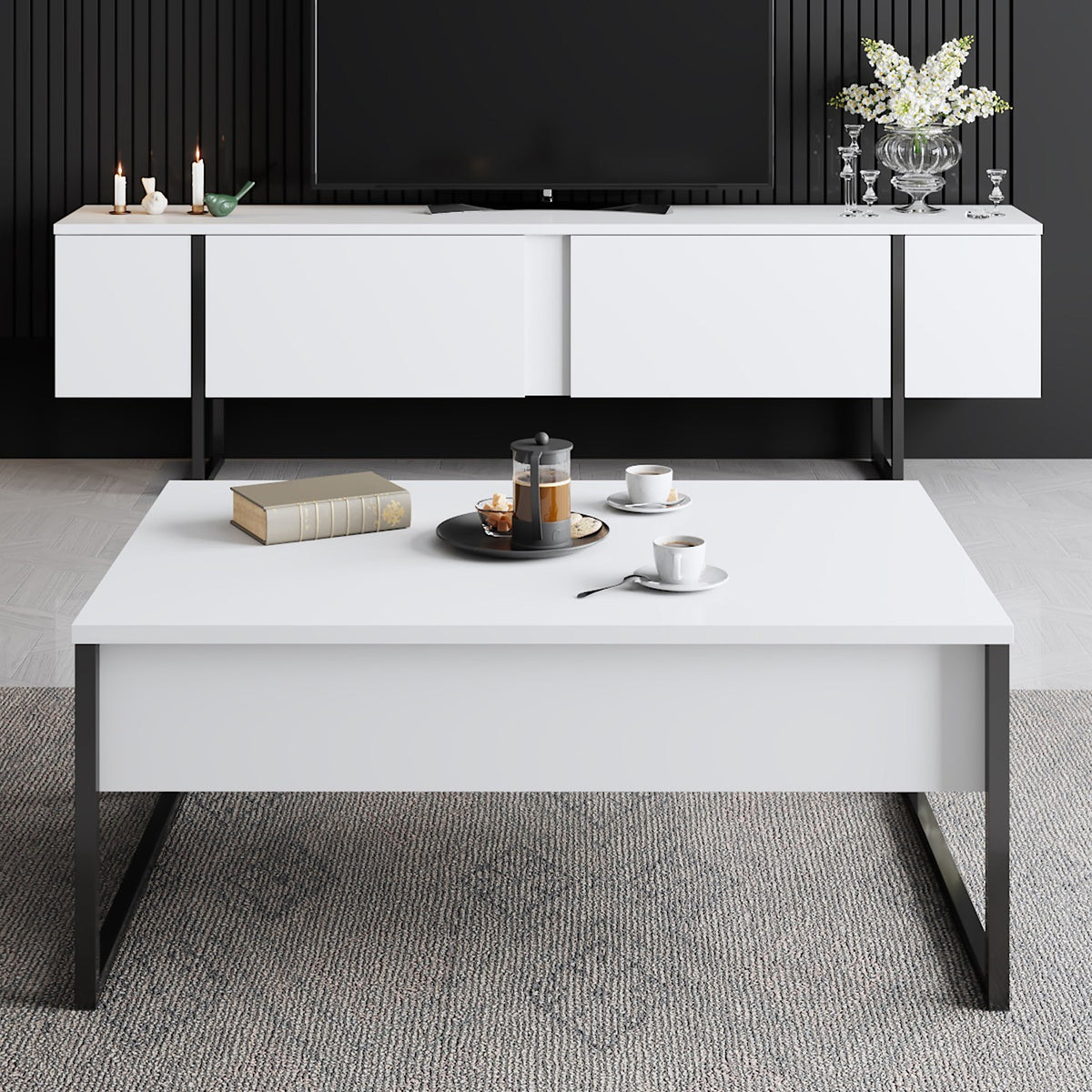 Furniture Sets - Furniture Set White Luxury - Coffee Table + TV Furniture - Black Frame - Dimehouse