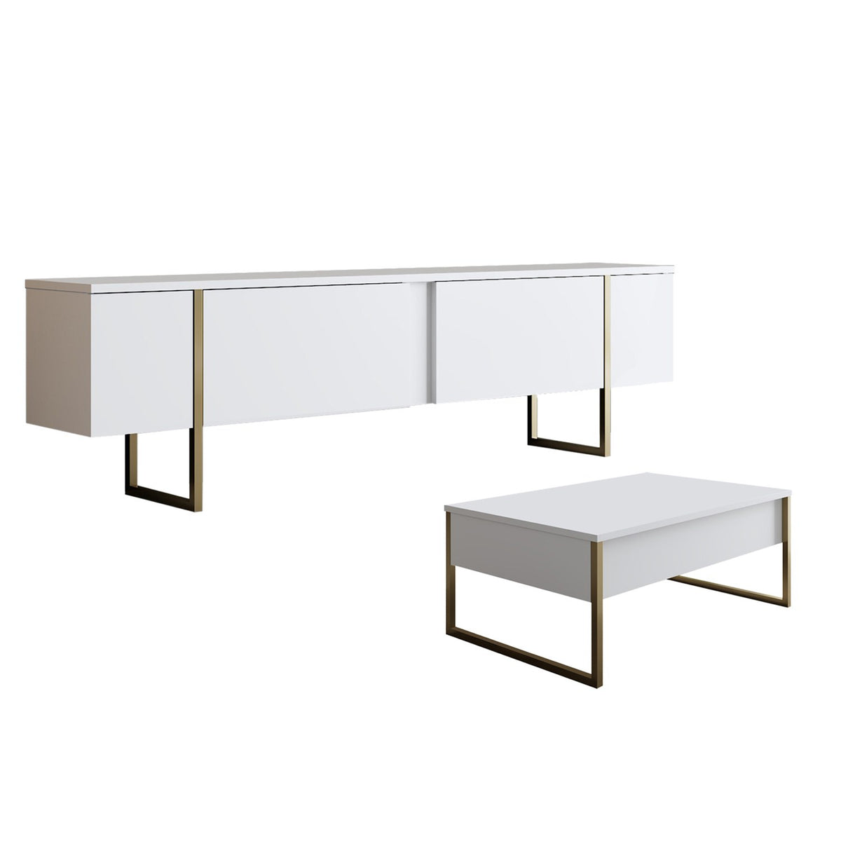 Furniture Sets - Furniture Set White Luxury - Coffee Table + TV Furniture - Golden Frame - Dimehouse