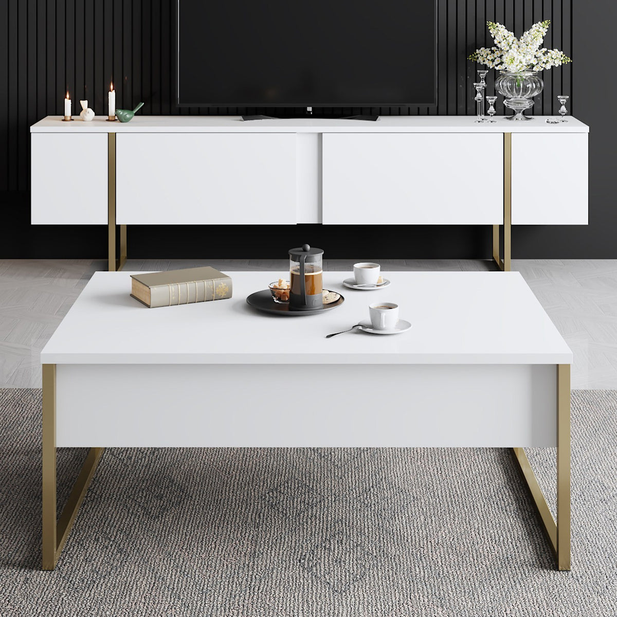 Furniture Sets - Furniture Set White Luxury - Coffee Table + TV Furniture - Golden Frame - Dimehouse