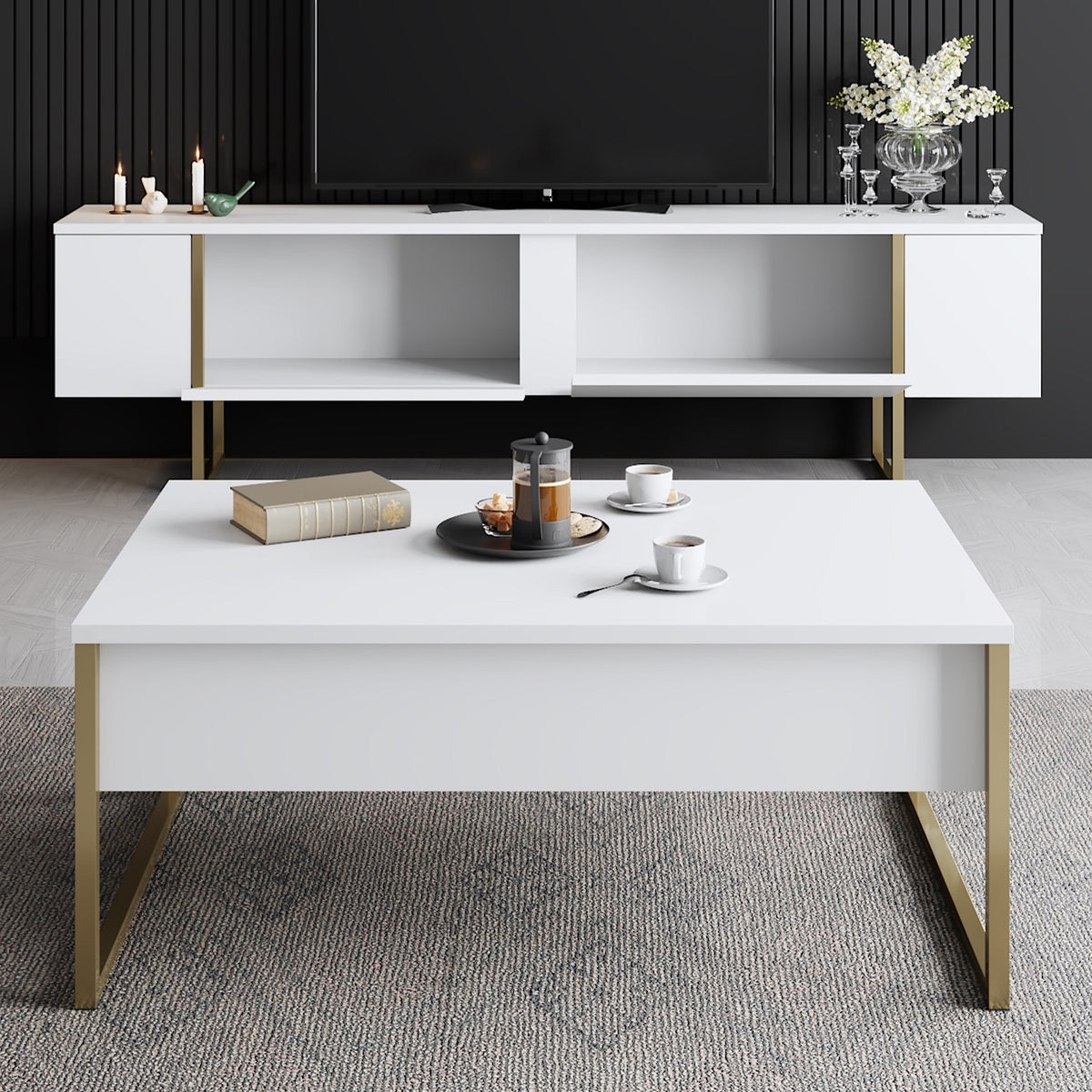 Furniture Sets - Furniture Set White Luxury - Coffee Table + TV Furniture - Golden Frame - Dimehouse
