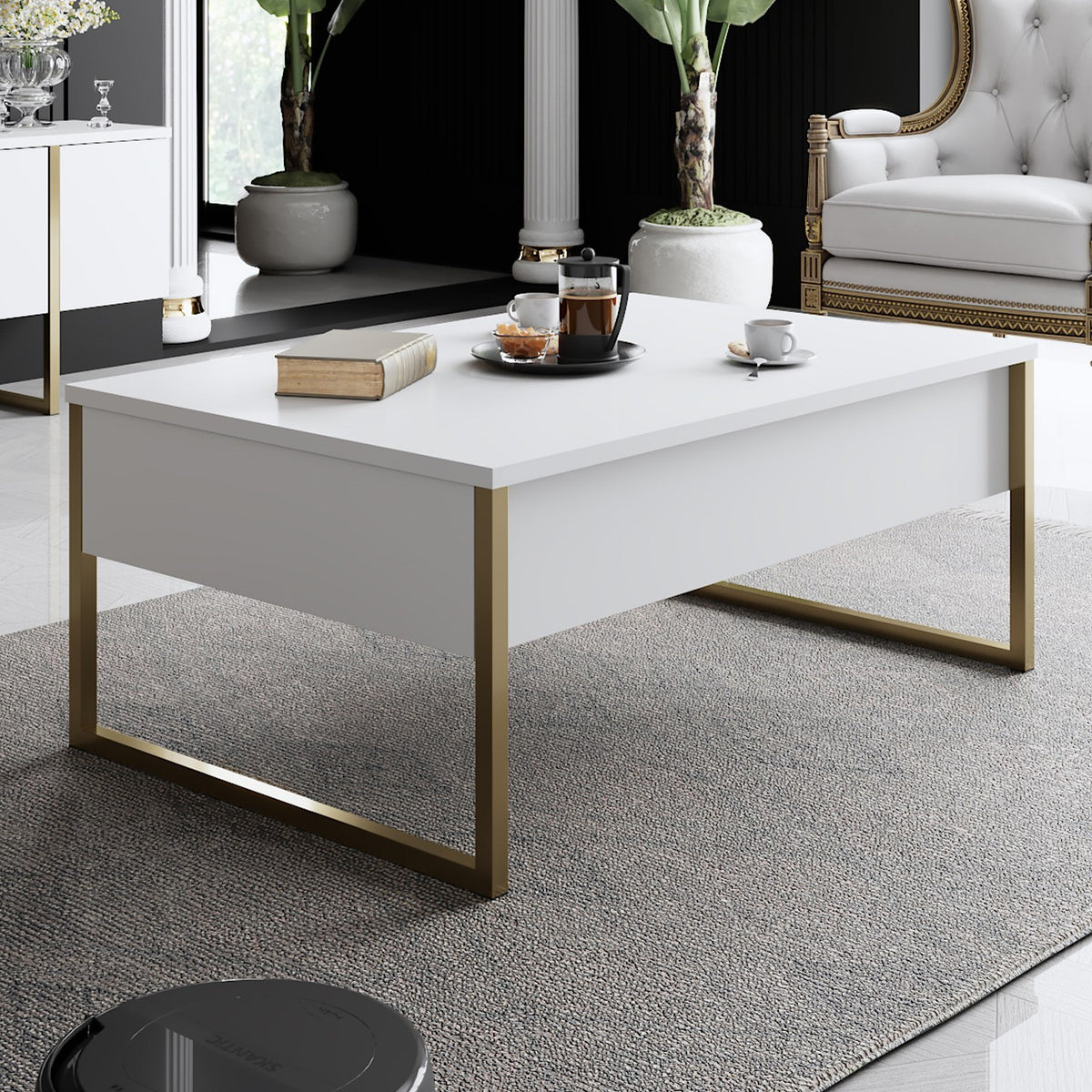 Furniture Sets - Furniture Set White Luxury - Coffee Table + TV Furniture - Golden Frame - Dimehouse