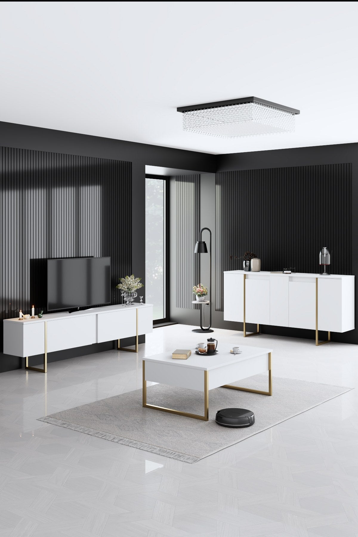 Sideboards - Modern Sideboard White Luxury 160x80x35 - Golden Frame - Dimehouse