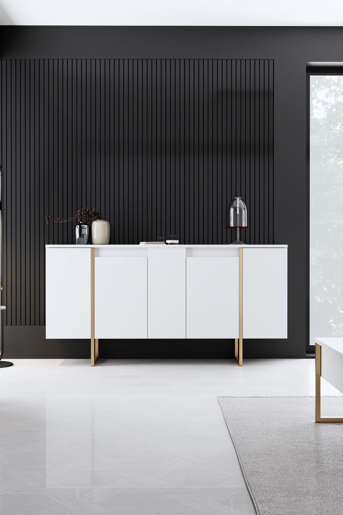 Sideboards - Modern Sideboard White Luxury 160x80x35 - Golden Frame - Dimehouse