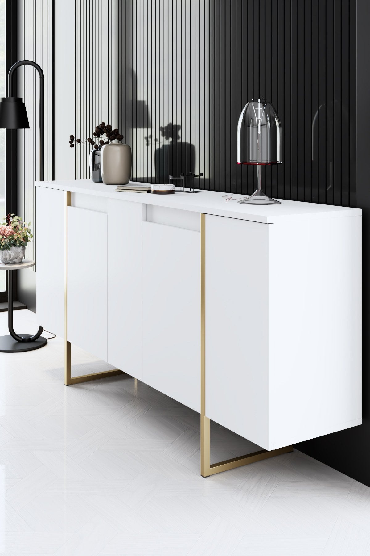 Sideboards - Modern Sideboard White Luxury 160x80x35 - Golden Frame - Dimehouse