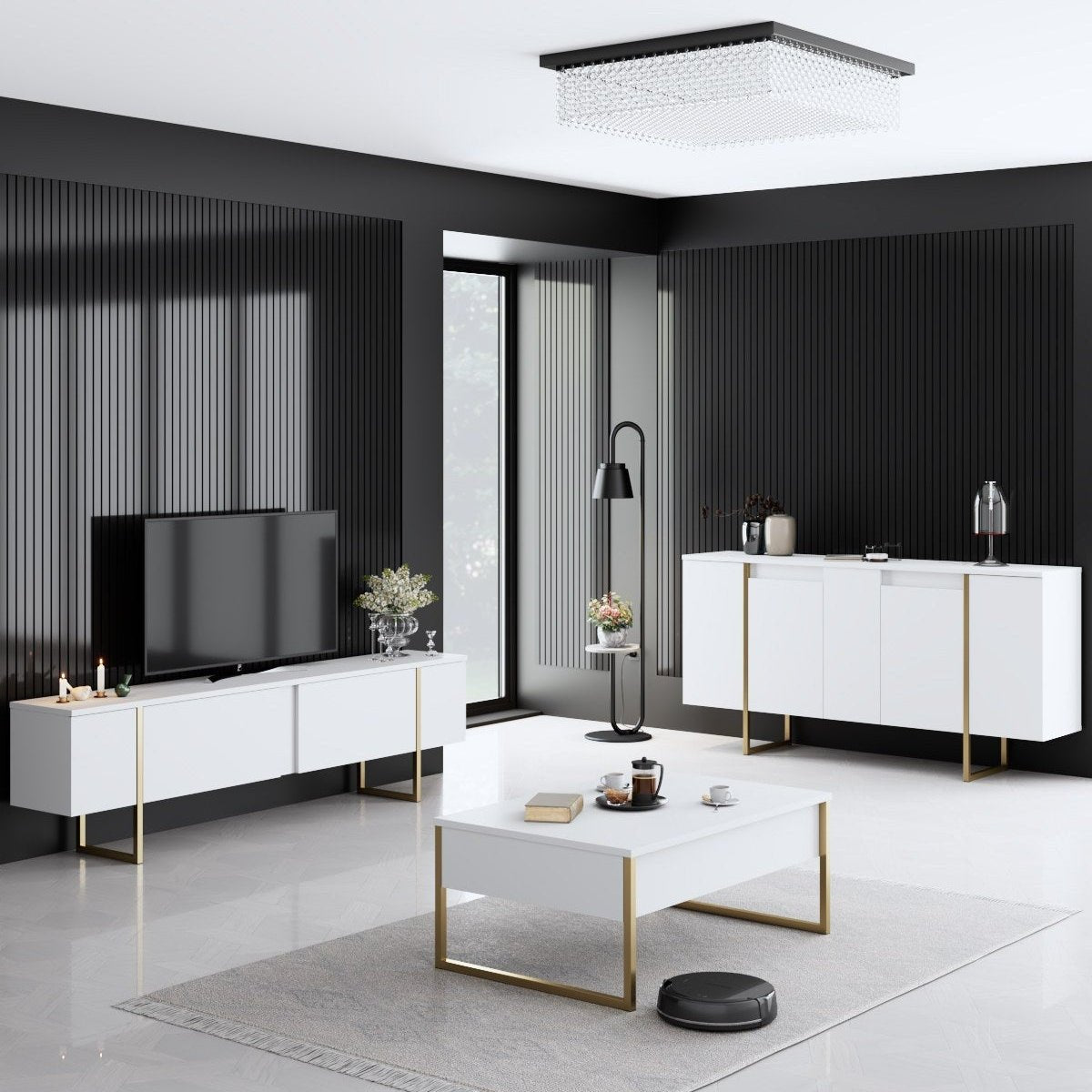 Furniture Sets - Furniture Set White Luxury - Coffee Table + TV Furniture + Dresser - Golden Frame - Dimehouse