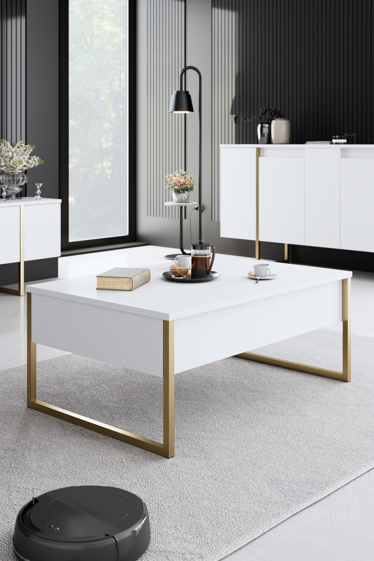 Furniture Sets - Furniture Set White Luxury - Coffee Table + TV Furniture + Dresser - Golden Frame - Dimehouse