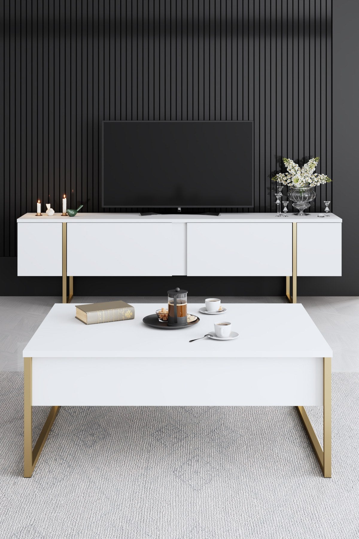 Furniture Sets - Furniture Set White Luxury - Coffee Table + TV Furniture + Dresser - Golden Frame - Dimehouse