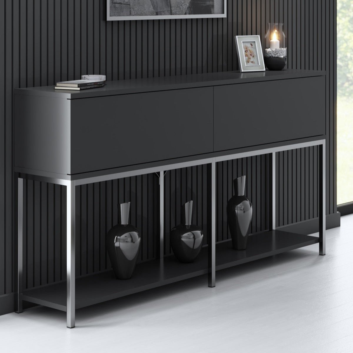Sideboards - Modern Sideboard Anthracite Lord 150x30x80 - Silver Frame - Two Compartments - Dimehouse
