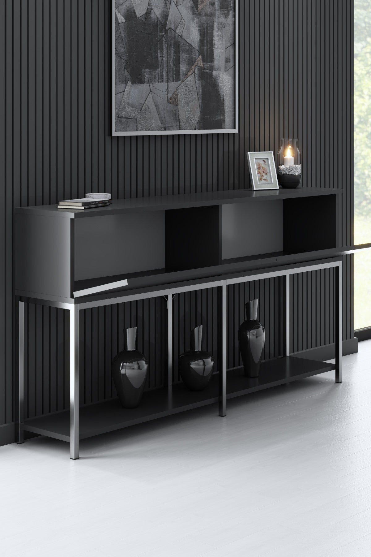 Sideboards - Modern Sideboard Anthracite Lord 150x30x80 - Silver Frame - Two Compartments - Dimehouse