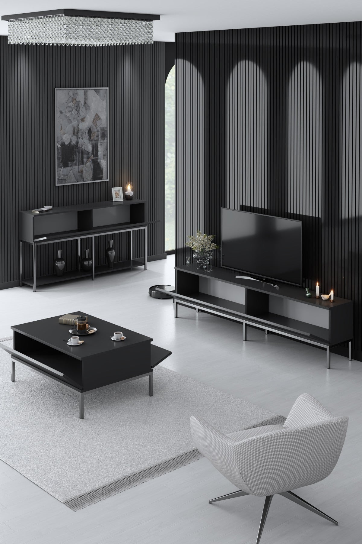 Furniture Sets - Furniture Set Anthracite Lord - Coffee Table + TV Furniture + Sideboard - Silver Frame - Dimehouse