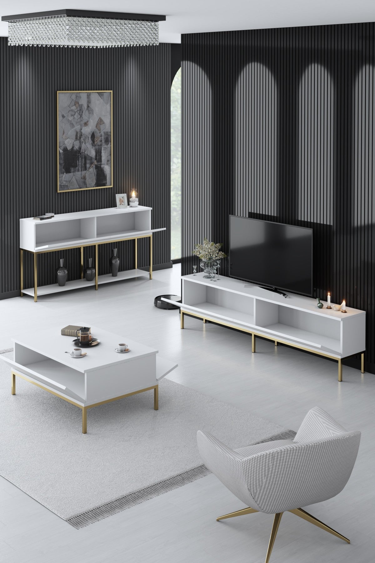 Furniture Sets - Furniture Set White Lord - Coffee Table + TV Furniture + Sideboard - Golden Frame - Dimehouse