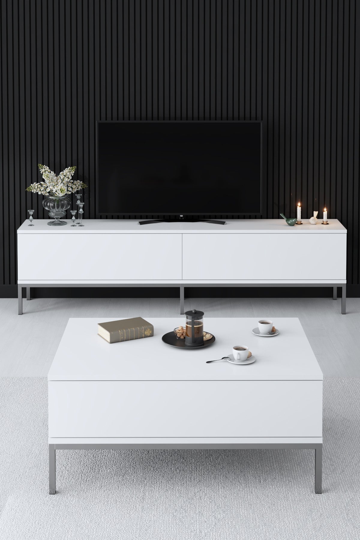 TV Furniture - TV Furniture Lord White Silver Melamine 180x47x30 cm - Dimehouse