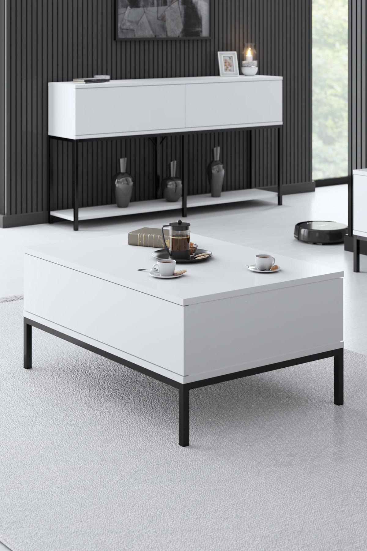 Furniture Sets - Furniture Set White Lord - Coffee Table + TV Furniture + Dresser - Black Frame - Dimehouse