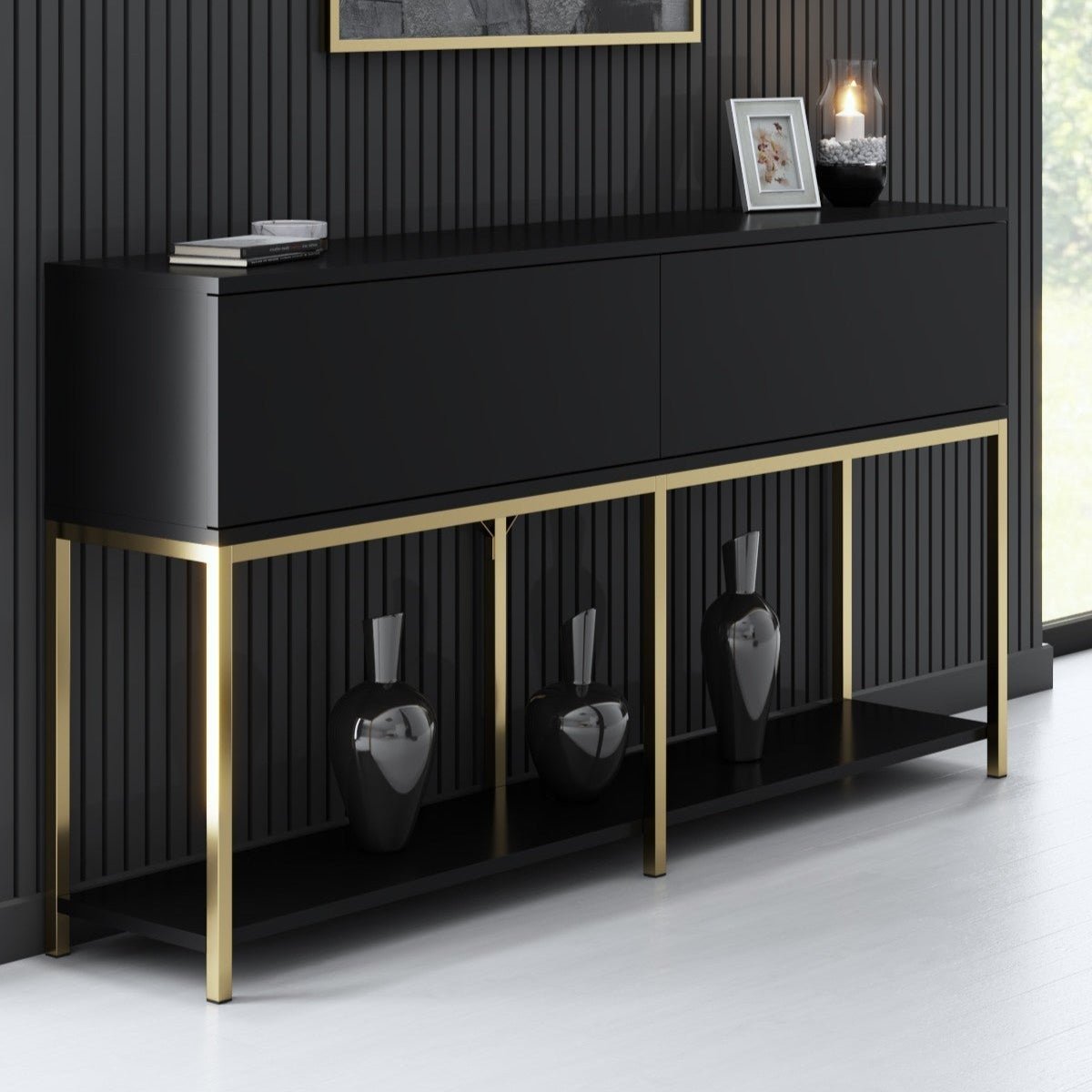 Sideboards - Modern Sideboard Black Lord 150x30x80 - Gold Frame - Two Compartments - Dimehouse