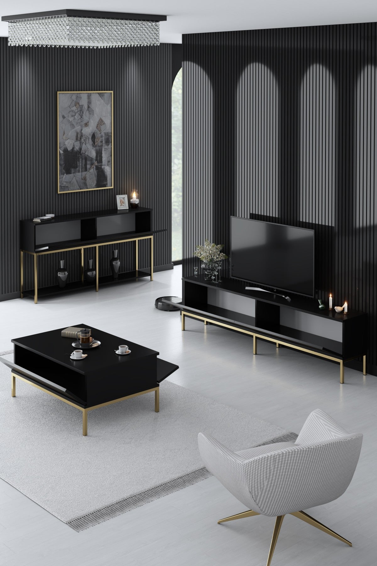 Furniture Sets - Furniture Set Black Lord - Coffee Table + TV Furniture + Sideboard - Golden Frame - Dimehouse