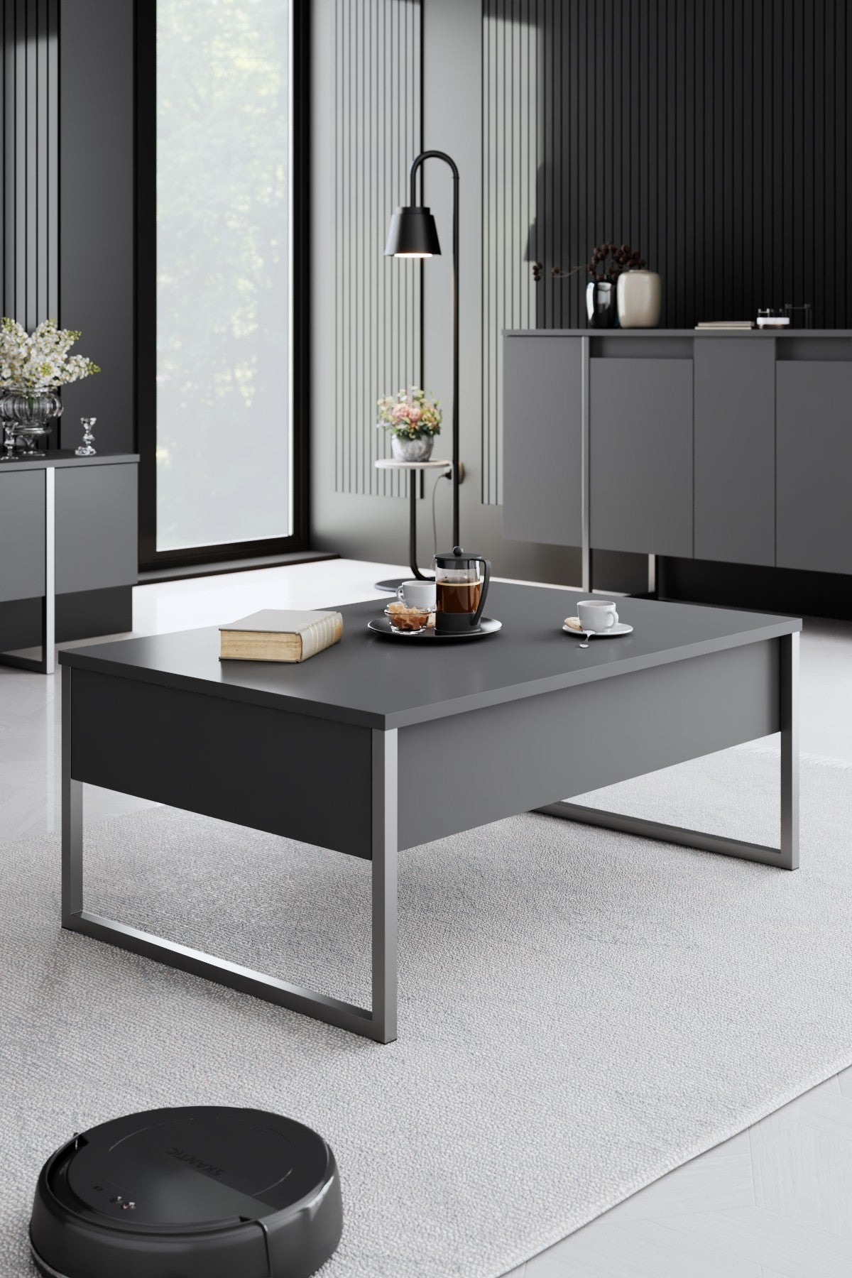 Furniture Sets - Furniture Set Anthracite Luxury - Coffee Table + TV Furniture + Sideboard - Silver Frame - Dimehouse