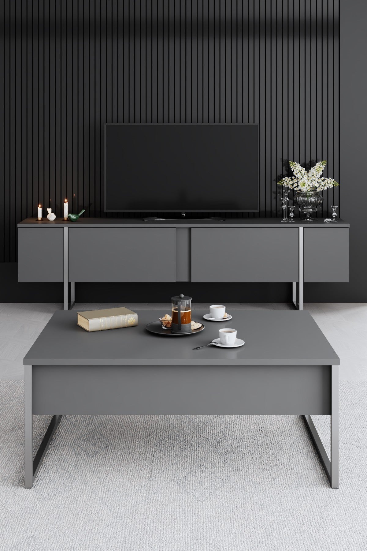 Furniture Sets - Furniture Set Anthracite Luxury - Coffee Table + TV Furniture + Sideboard - Silver Frame - Dimehouse