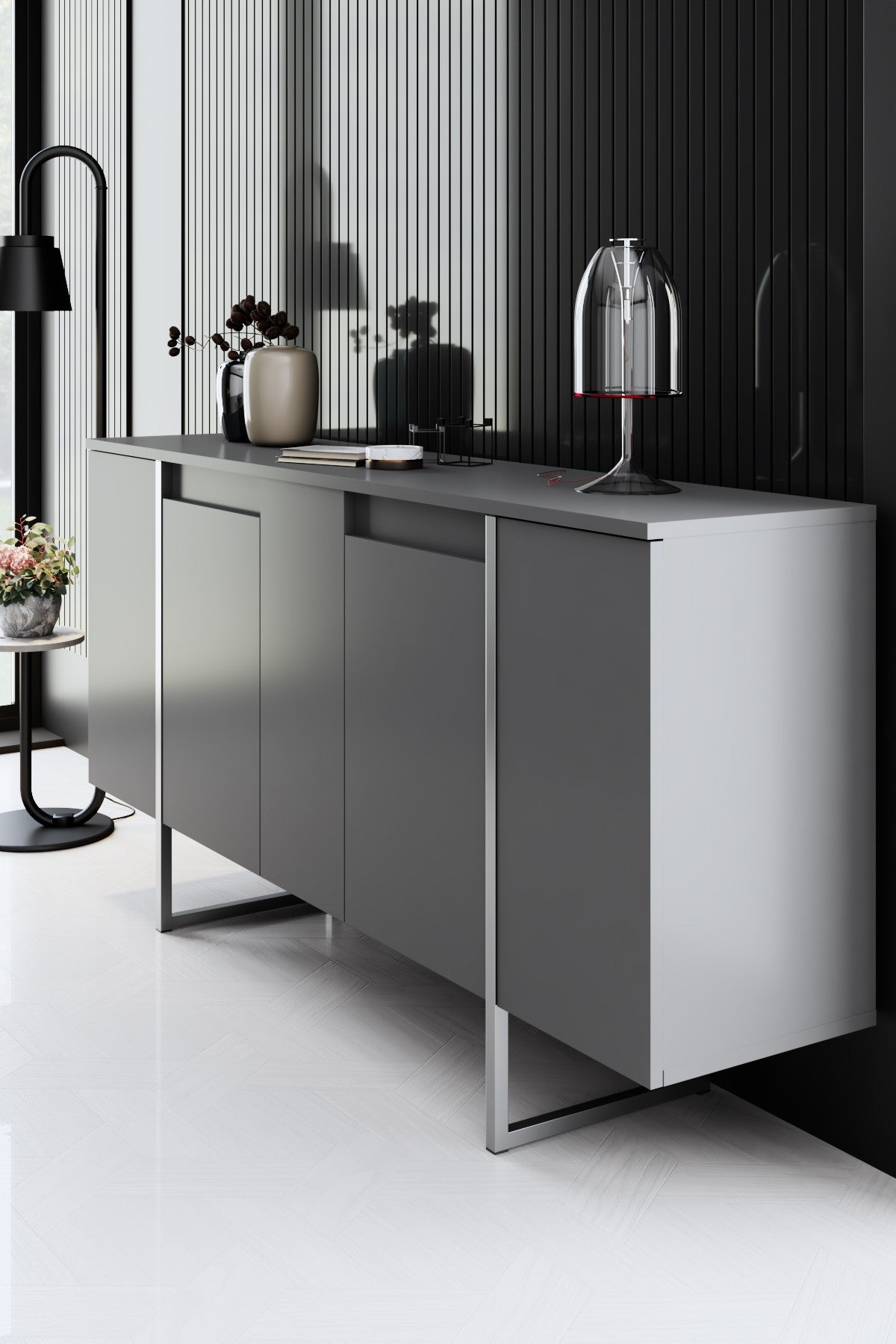 Furniture Sets - Furniture Set Anthracite Luxury - Coffee Table + TV Furniture + Sideboard - Silver Frame - Dimehouse