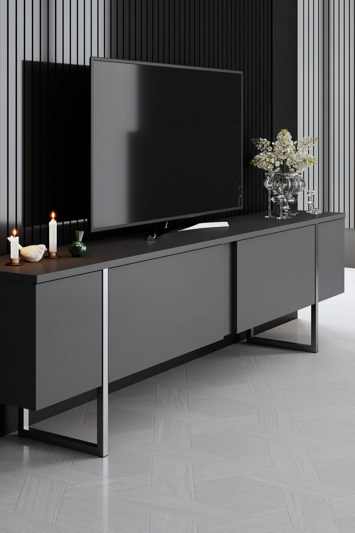 Furniture Sets - Furniture Set Anthracite Luxury - Coffee Table + TV Furniture + Sideboard - Silver Frame - Dimehouse