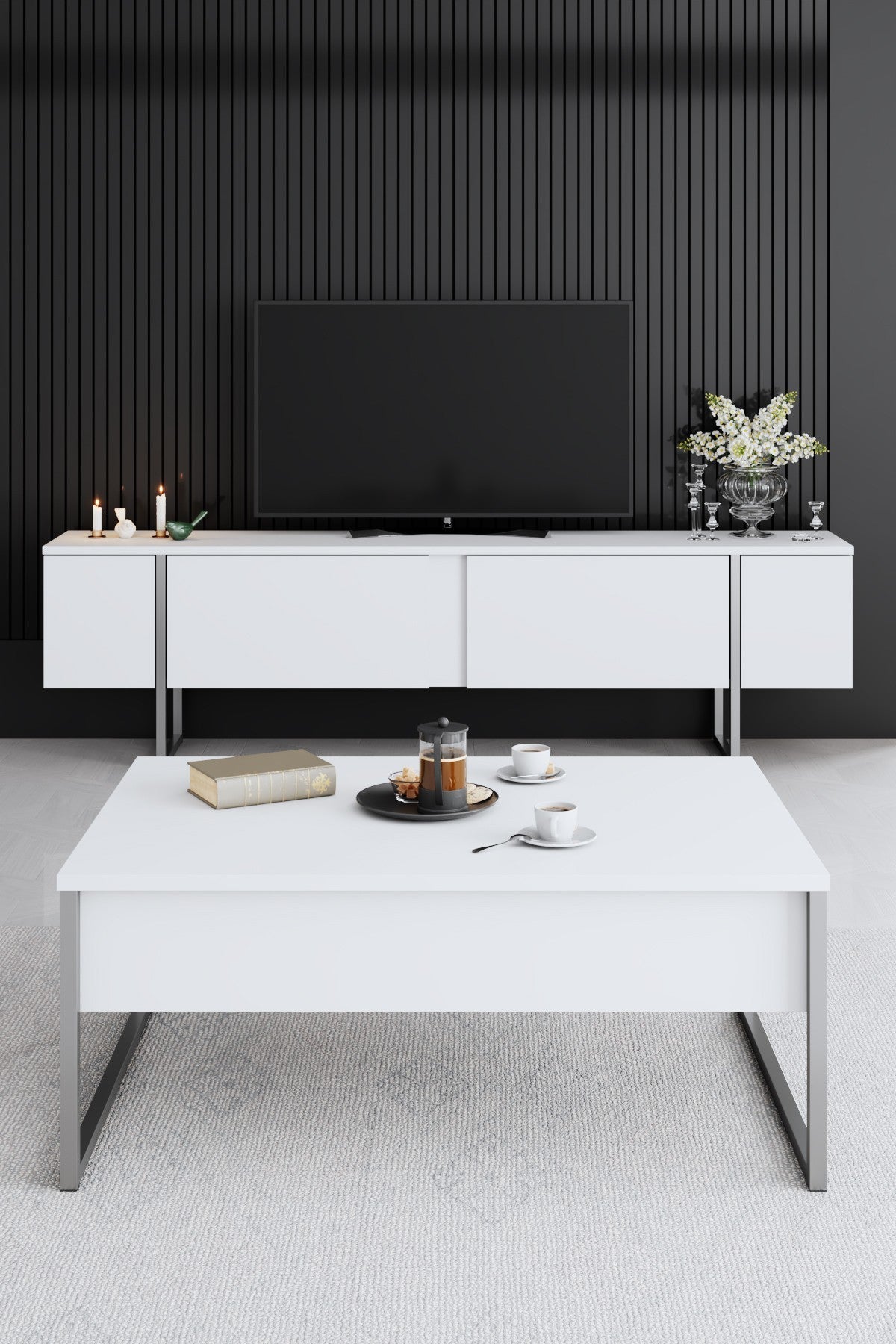 Furniture sets - Furniture set White Luxury - Coffee table + TV Furniture + Dresser Luxury - Silver Frame - Dimehouse