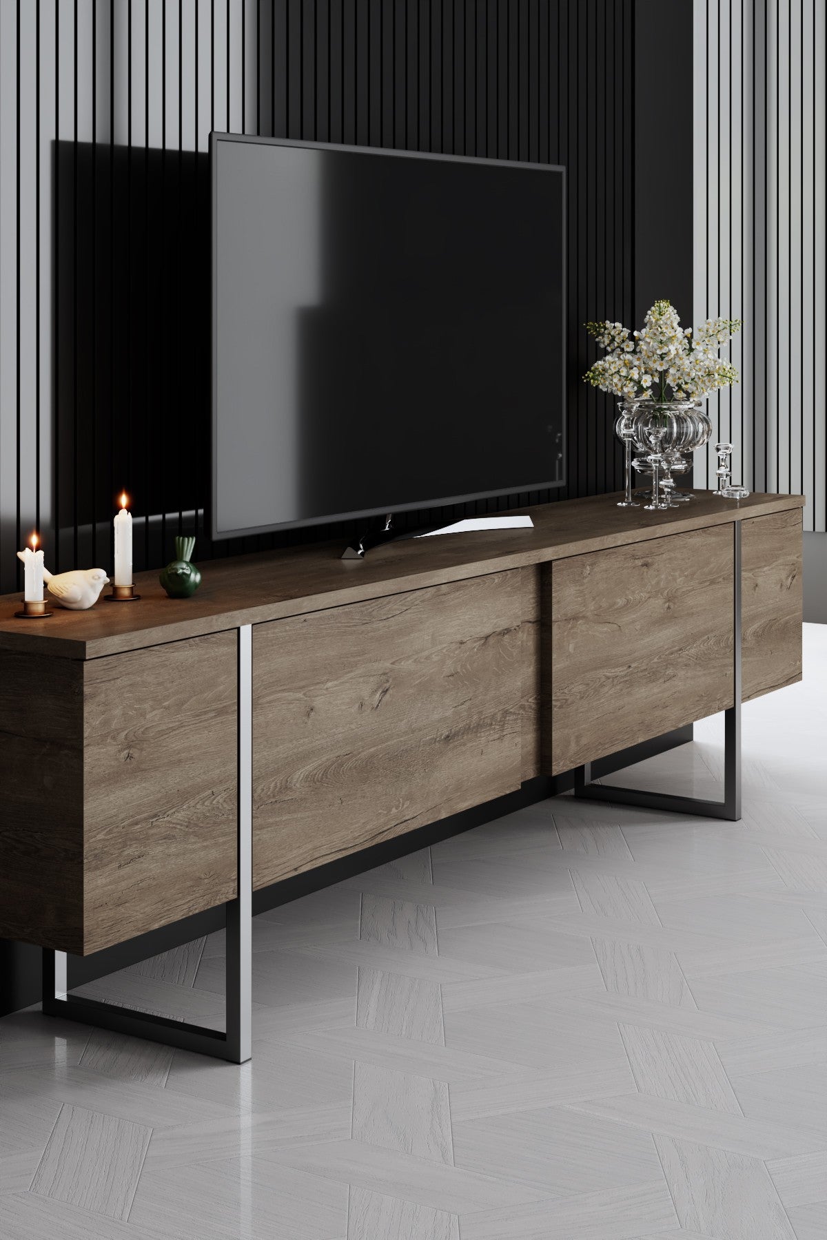 Furniture Sets - Furniture Set Walnut Luxury - Coffee Table + TV Furniture + Sideboard - Silver Frame - Dimehouse