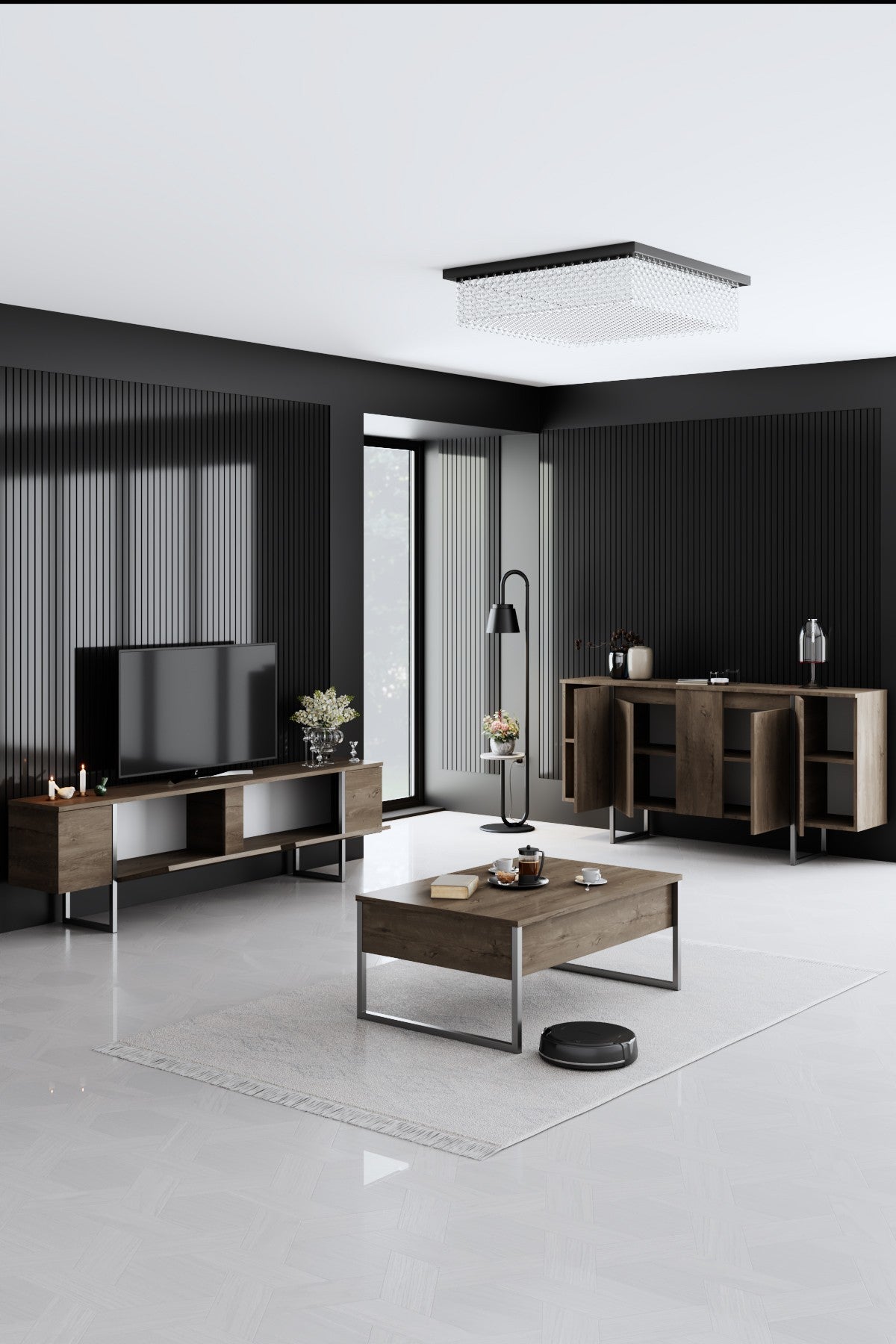 Furniture Sets - Furniture Set Walnut Luxury - Coffee Table + TV Furniture + Sideboard - Silver Frame - Dimehouse