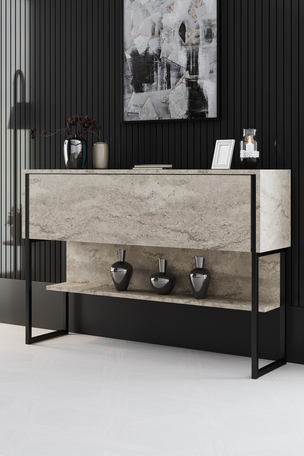 Furniture sets - Furniture set Travertine Luxury - Coffee table + TV Furniture + Dresser Luxury - Black Frame - Dimehouse