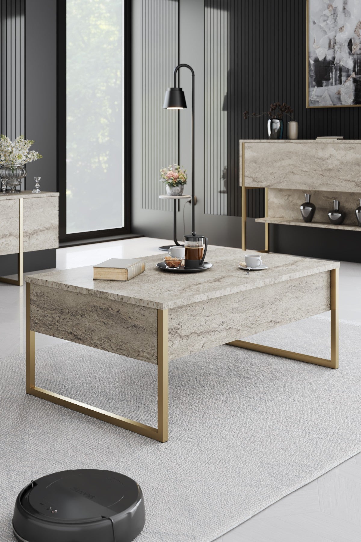 Furniture sets - Furniture set Travertine Luxury - Coffee table + TV Furniture + Dresser Luxury - Gold Frame - Dimehouse
