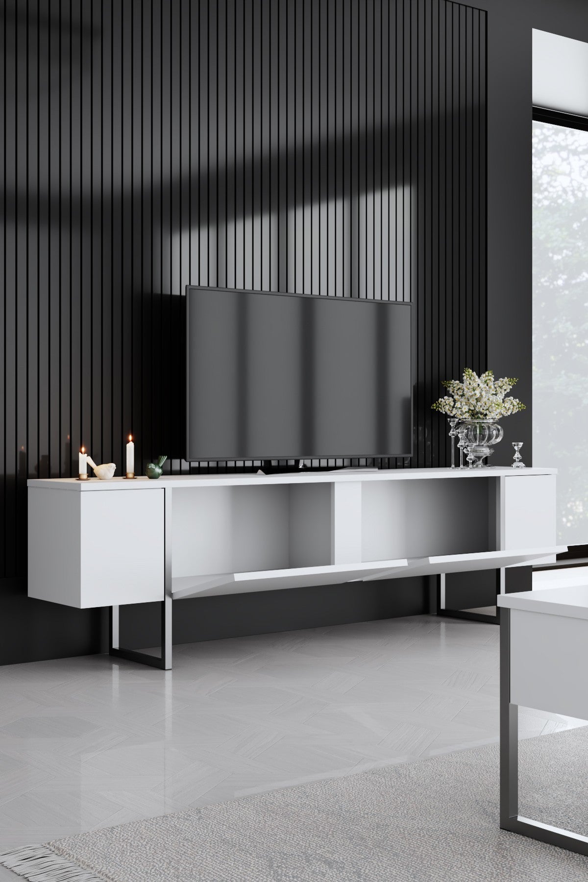 TV Furniture - TV Furniture White Luxury 180x50x30 - Silver Frame - Dimehouse