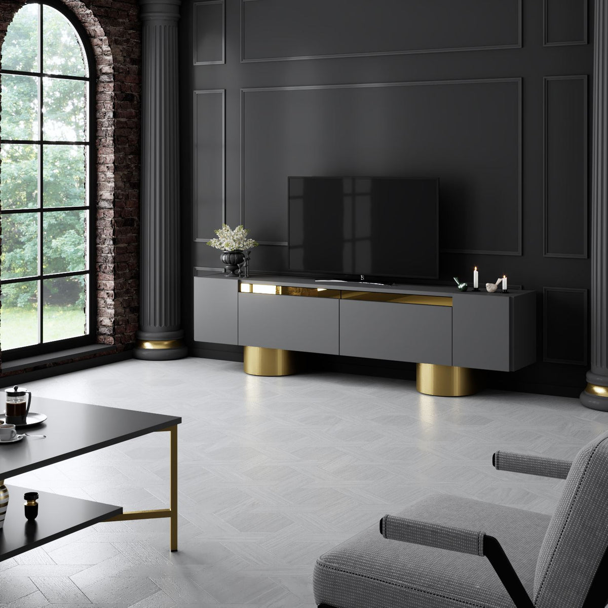 TV Furniture - TV Furniture Anthracite Bohem 180x50x30 - Golden Frame - Dimehouse