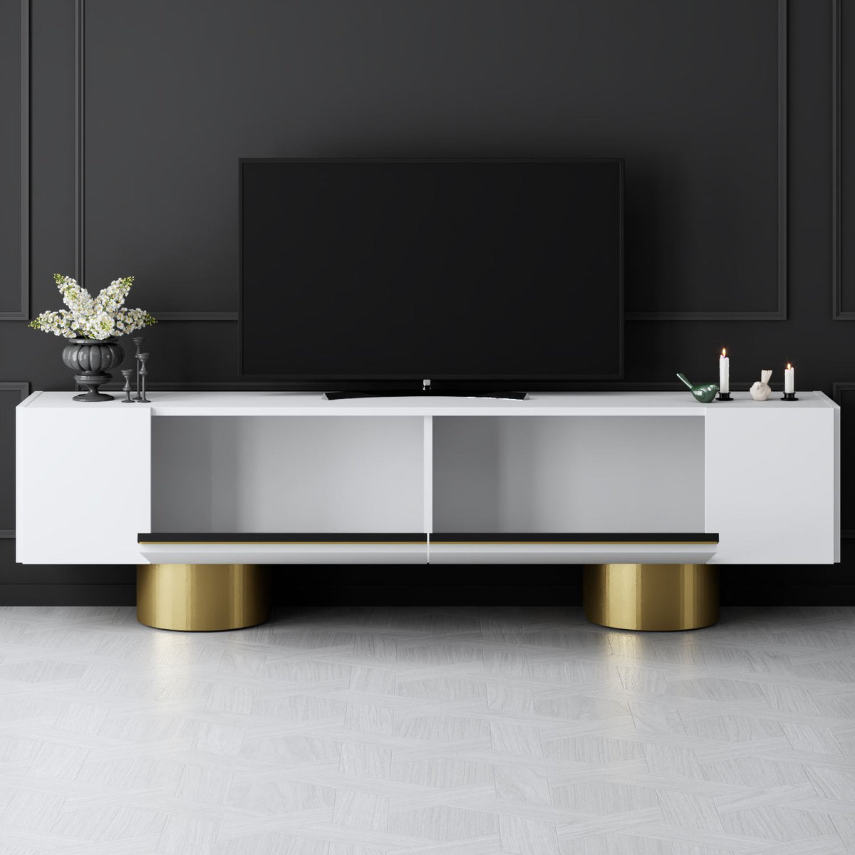 TV Furniture - TV Furniture White Bohem 180x50x30 - Golden Frame - Dimehouse