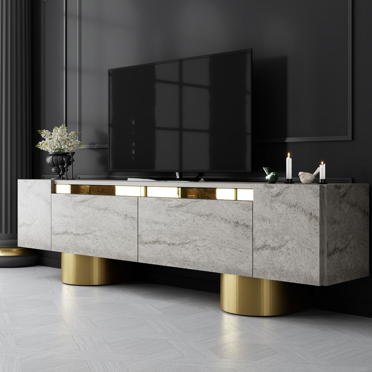 TV Furniture - TV Furniture Travertine Bohem 180x50x30 - Golden Frame - Dimehouse