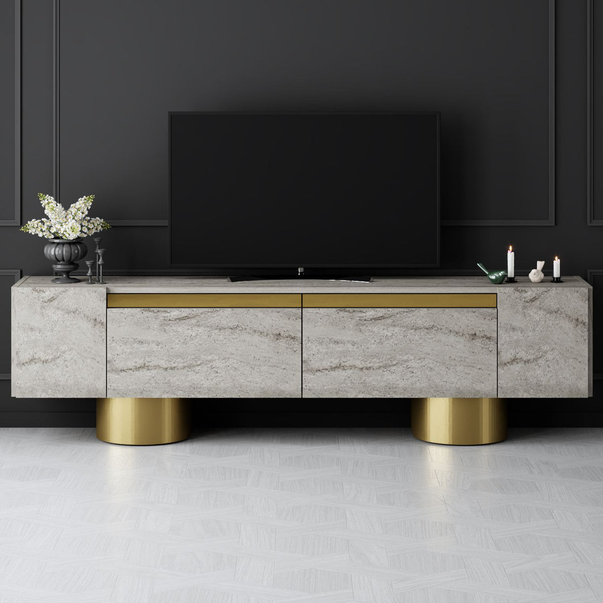 TV Furniture - TV Furniture Travertine Bohem 180x50x30 - Golden Frame - Dimehouse