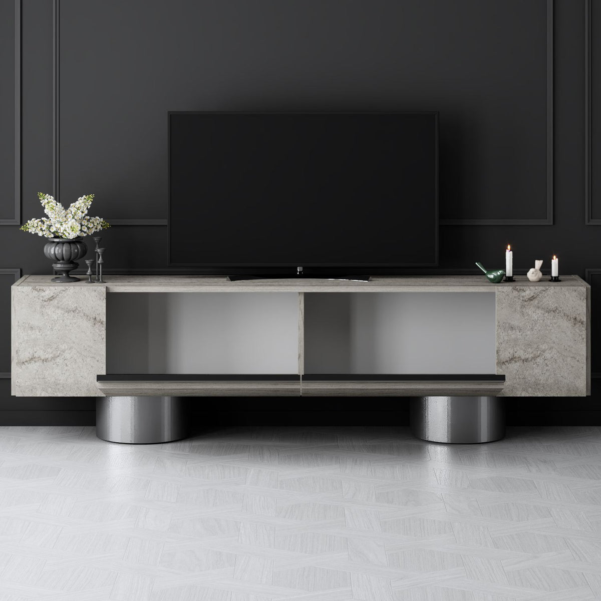 TV Furniture - TV Furniture Travertine Bohem 180x50x30 - Silver Frame - Dimehouse