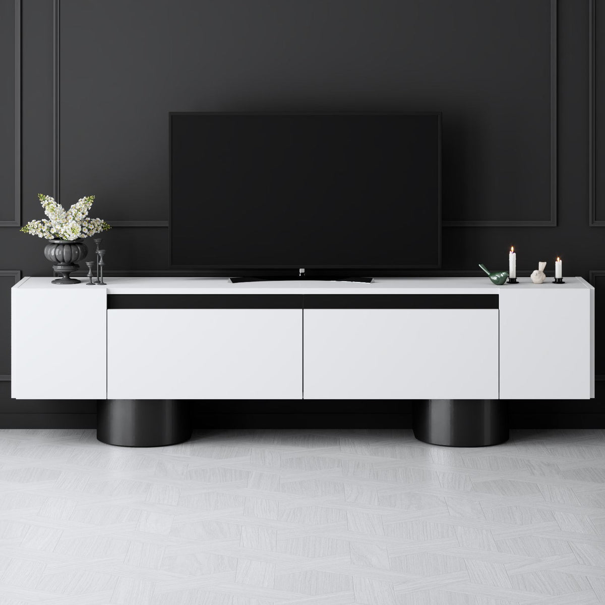TV Furniture - TV Furniture White Bohem 180x50x30 - Black Frame - Dimehouse