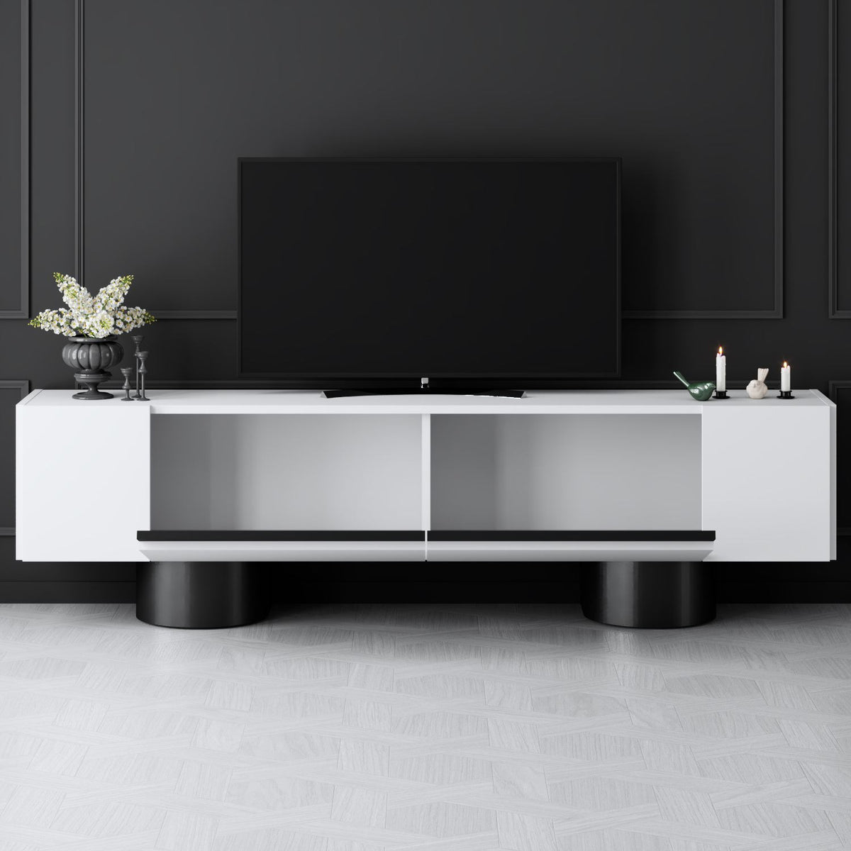 TV Furniture - TV Furniture White Bohem 180x50x30 - Black Frame - Dimehouse