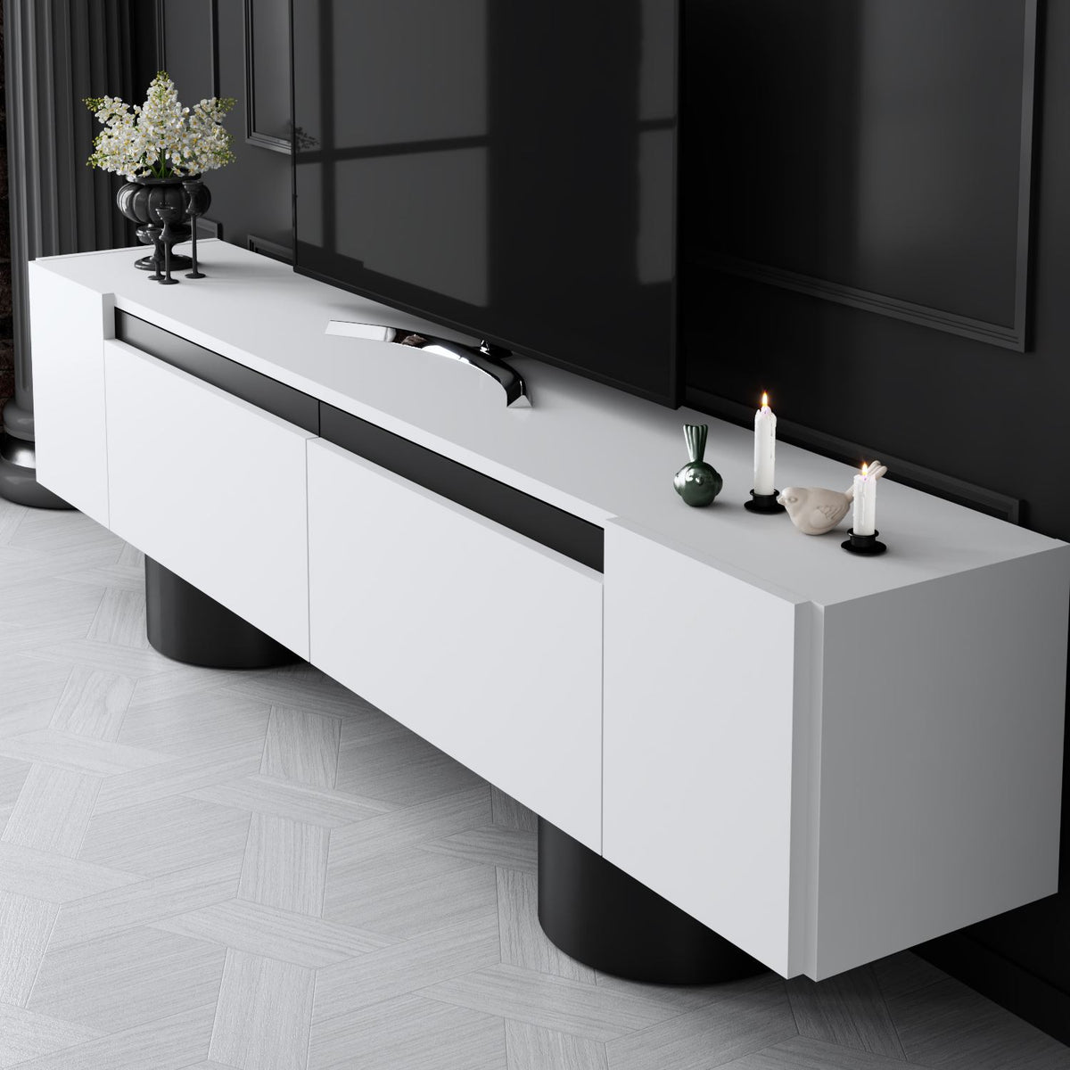 TV Furniture - TV Furniture White Bohem 180x50x30 - Black Frame - Dimehouse