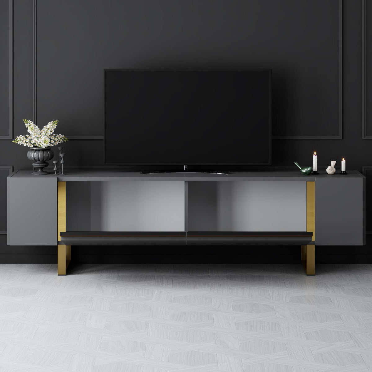 TV Furniture - TV Furniture Anthracite Yildiz 180x50x30 - Golden Frame - Dimehouse