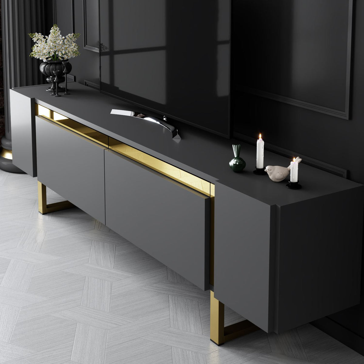 TV Furniture - TV Furniture Anthracite Yildiz 180x50x30 - Golden Frame - Dimehouse