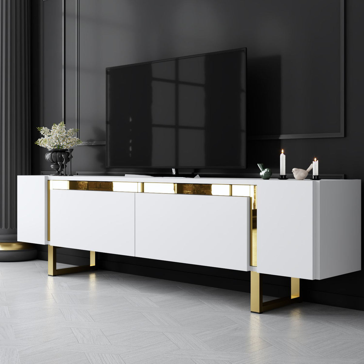 TV Furniture - TV Furniture White Yildiz 180x50x30 - Golden Frame - Dimehouse