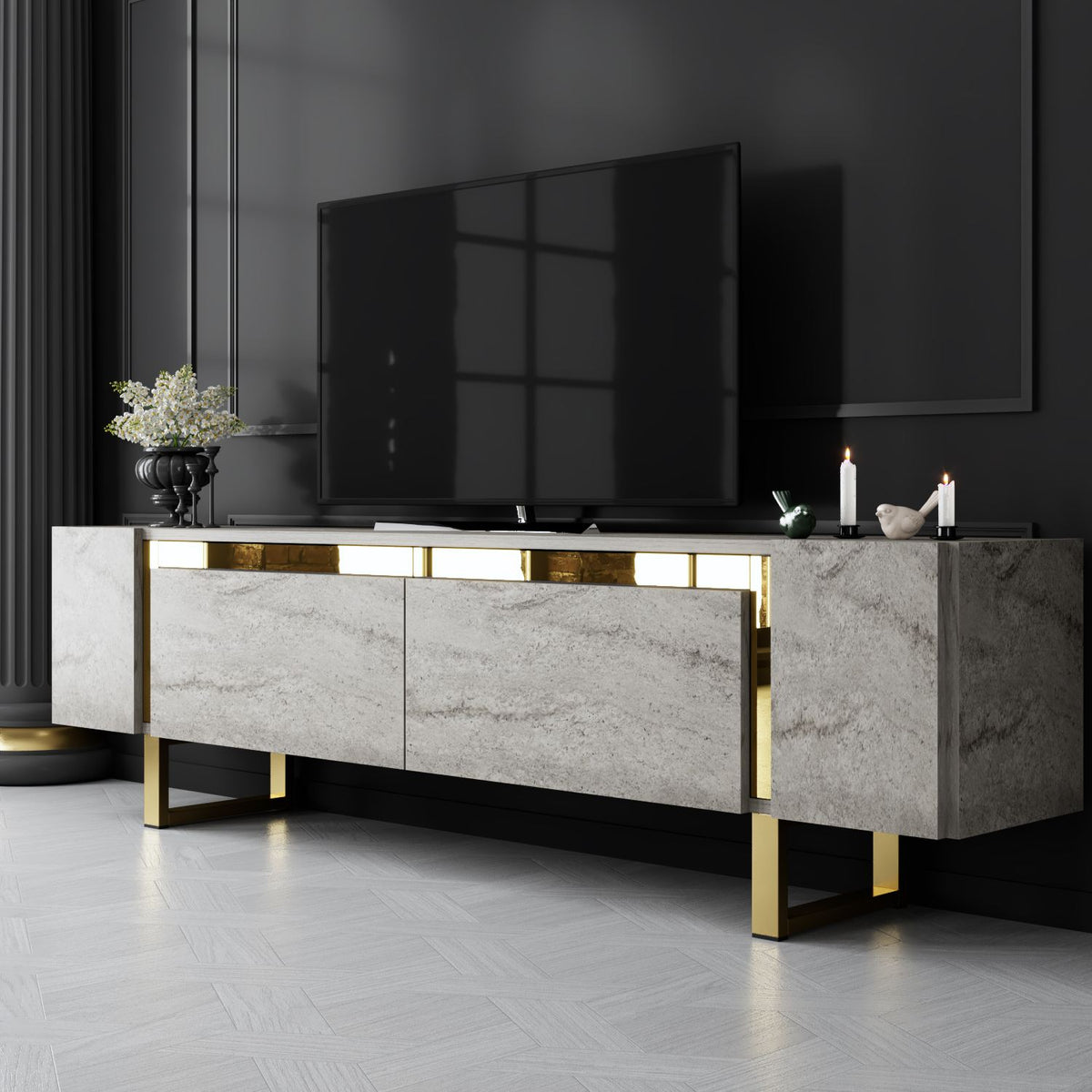 TV Furniture - TV Furniture Travertine Yildiz 180x50x30 - Golden Frame - Dimehouse