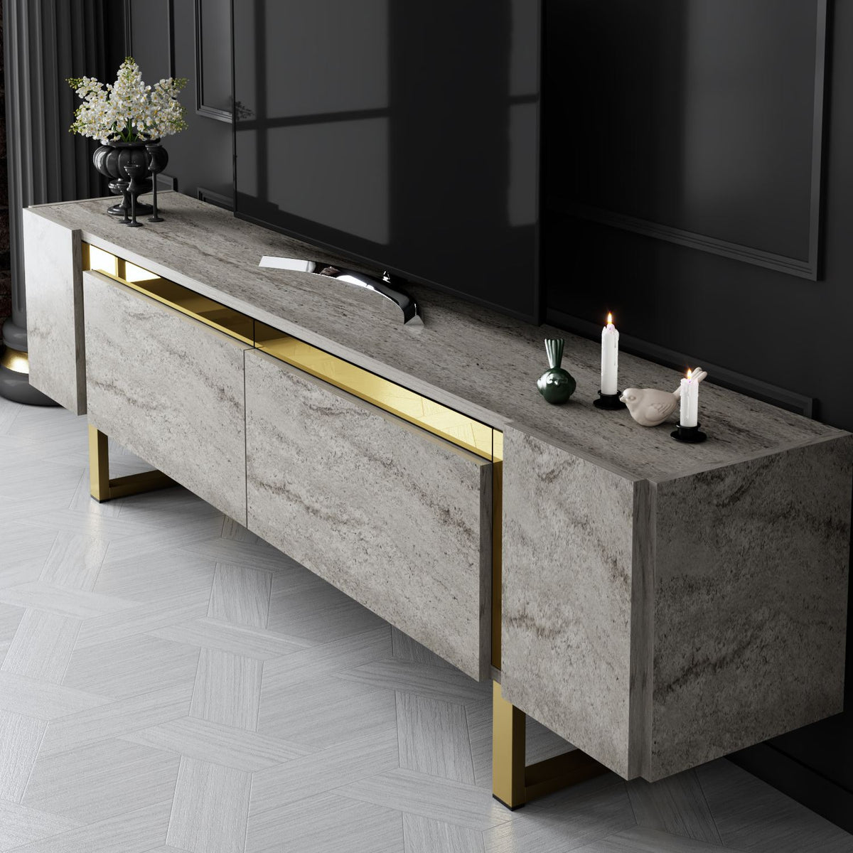 TV Furniture - TV Furniture Travertine Yildiz 180x50x30 - Golden Frame - Dimehouse