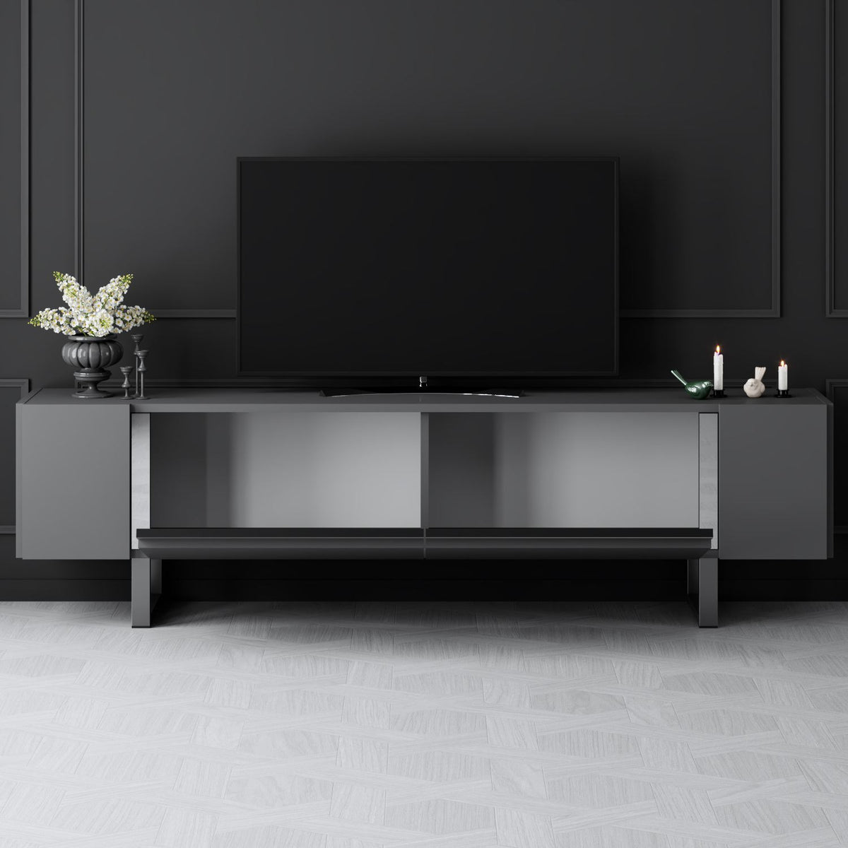 TV Furniture - TV Furniture Anthracite Yildiz 180x50x30 - Silver Frame - Dimehouse