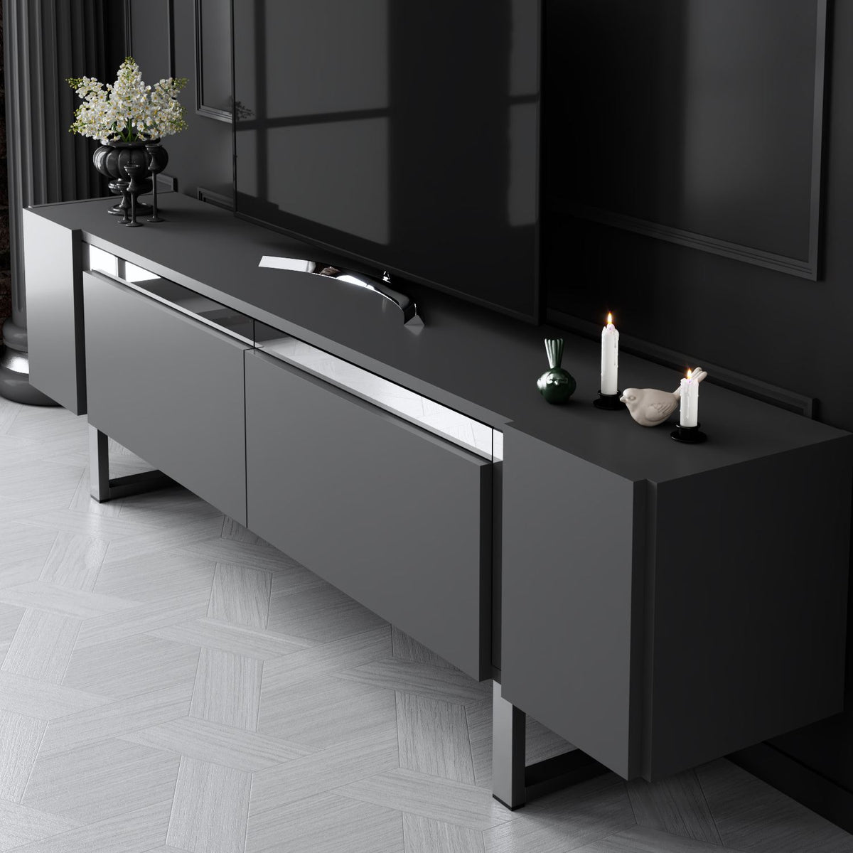 TV Furniture - TV Furniture Anthracite Yildiz 180x50x30 - Silver Frame - Dimehouse