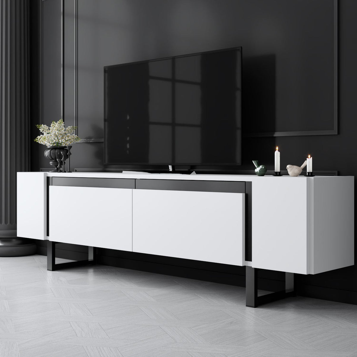 TV Furniture - TV Furniture White Yildiz 180x50x30 - Black Frame - Dimehouse
