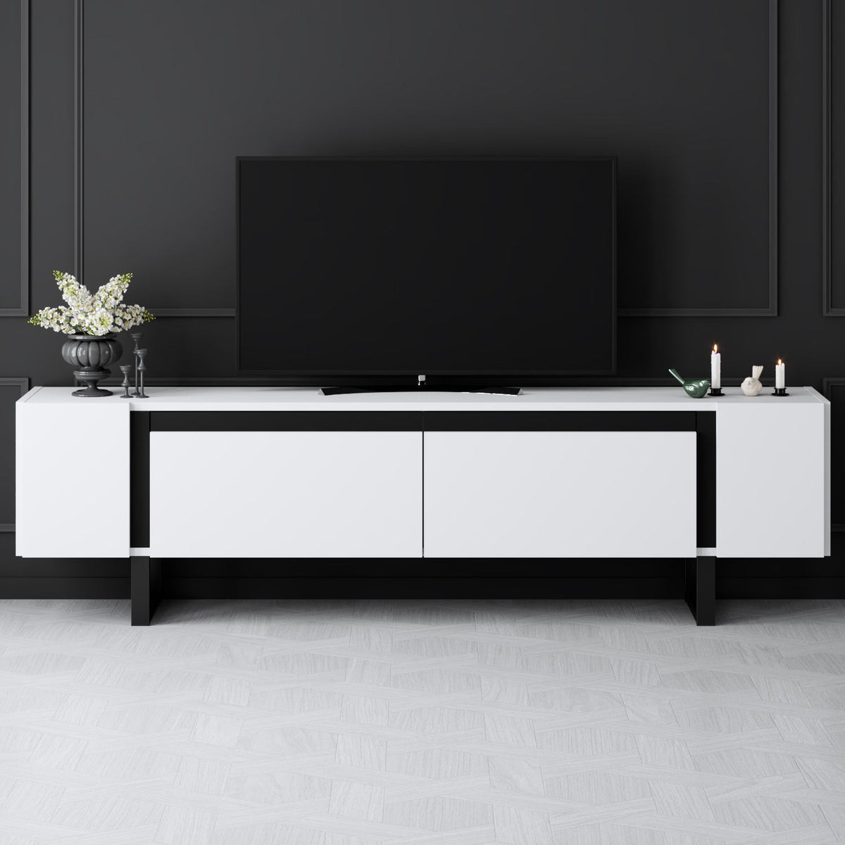 TV Furniture - TV Furniture White Yildiz 180x50x30 - Black Frame - Dimehouse