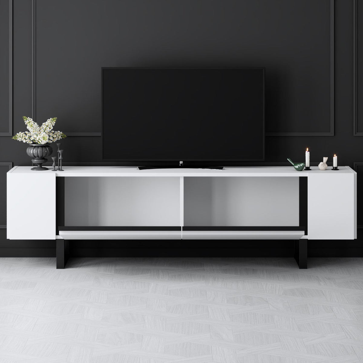 TV Furniture - TV Furniture White Yildiz 180x50x30 - Black Frame - Dimehouse