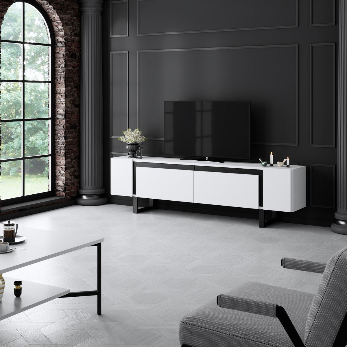 TV Furniture - TV Furniture White Yildiz 180x50x30 - Black Frame - Dimehouse